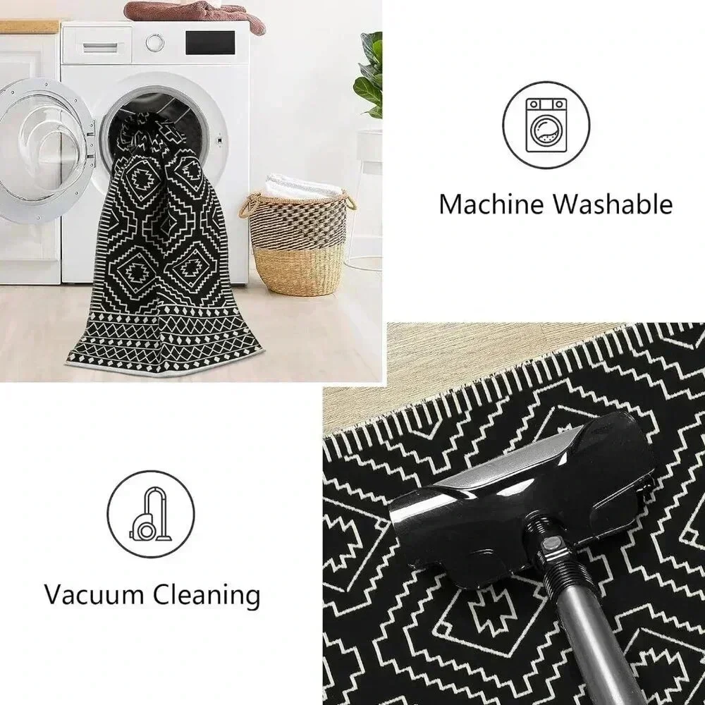 Black and White 2x6 Outdoor Runner Rug, WashablReversible Cotton